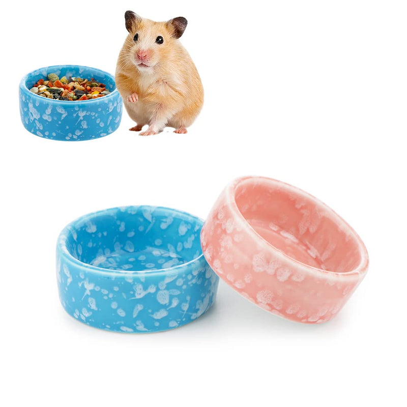 2 Pcs Hamster Ceramic Food Bowl, Small Animals Chew-Resistant Food and Water Dish (Blue and Pink)