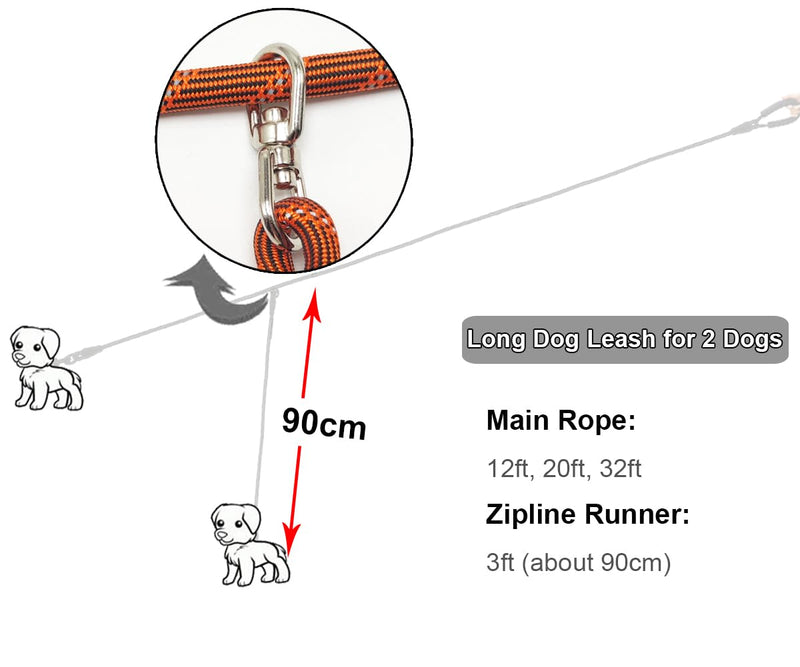 BTINESFUL 12ft/20ft/32ft Long Dog Leash for 2 Dogs, No Tangle 1/3inch Reflective Dual Dog Leash Long Lead for Medium Small Dogs, Outside Long Walking Leash for Two Dogs Playing Recall Training Main rope: 12ft x 1/3" Orange