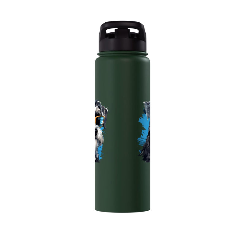 Schnauzer Dog Breed Pet with Sunglasses Cute Graphic Stainless Steel Insulated Water Bottle Dark Green 30 Ounces