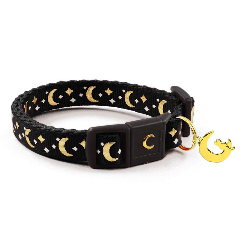 Gold Moons and Stars Safety Breakaway Cat Collar, Glow in The Dark (Standard 9"-15" Neck, Black) 9-15 Inch (Pack of 1)