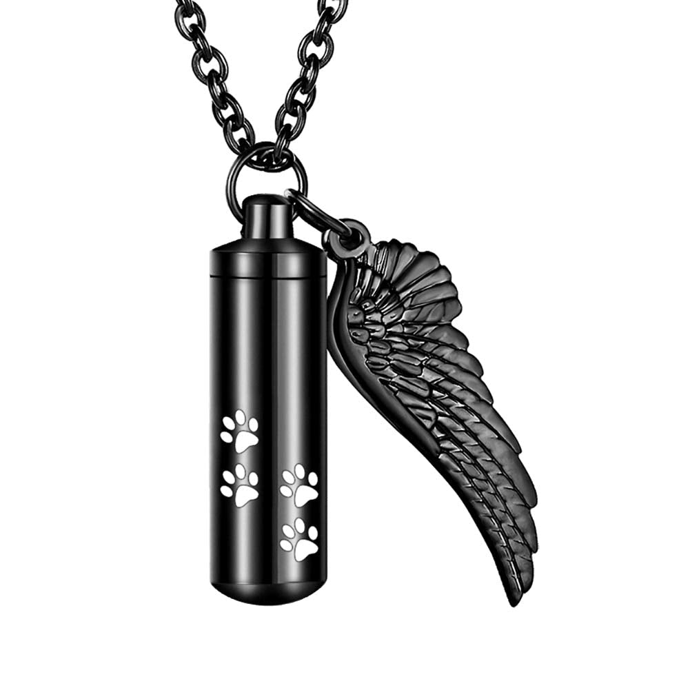 abooxiu Cylinder Cremation Necklace for Pet ashes Urn Necklace with Angel Wing Pet Paw Ashes Necklace for Dog/Cat Pet Memorial Keepsake Jewelry Black-M