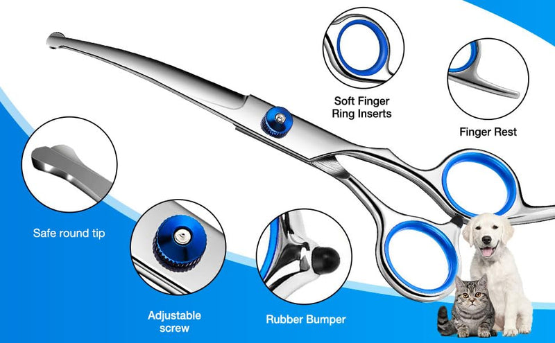 Dog Grooming Scissors, 6.7in Stainless Steel Curved Scissors for Dog Grooming with Safety Round Tip, Professional Pet Cat Shears Trimming Clippers Shaver, Cleaning Cloth