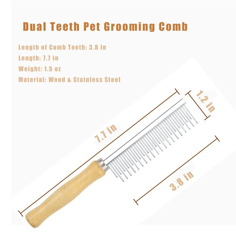 Dog Cat Grooming Comb with Wooden Handle Stainless Steel Teeth, Pet Grooming Supplies Accessories for Hairy Pets (Dual Teeth) Dual Teeth