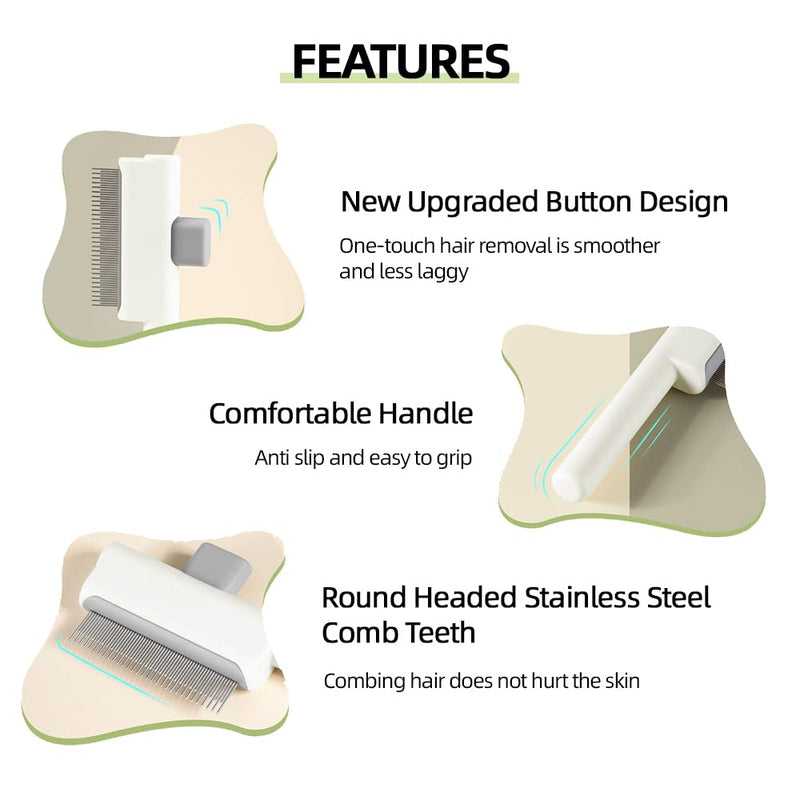 Marchul 2Pcs Pet Comb Flea Comb Set for Cats Dogs, Cat Grooming Brush with Release Button and Stainless Steel Round Teeth, Self-Cleaning Dog Combs for Removing Pet Hair, Knots & Loose Fur, White - PawsPlanet Australia