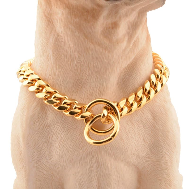 18K Gold Chain Dog Collar 10MM Cuban Link Chain Stainless Steel Metal Links Walking Training Collar Choker for Small Medium Large Dogs 12in to 26in (20”(Neck Fits 16")) 20”(Neck Fits 16") - PawsPlanet Australia