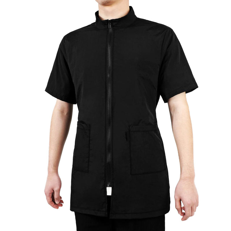 VILLCASE Black Dog Grooming Smock with Zipper, Short Sleeves Dog Grooming Tunic with 2 Pockets, Waterproof and Anti-static Pet Beautician Workwear Apron for Pet Shop Men and Women XL