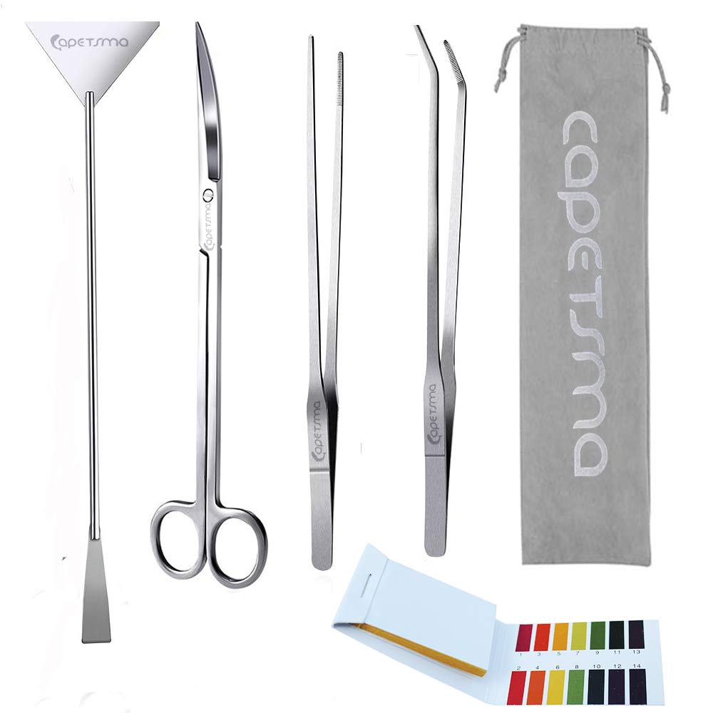 Capetsma Aquascape Long Stainless Steel Plant Tools Set - Aquarium Tweezers, Scissors, Spatula, Algae Scrapers - Fish Tank Cleaning Kit Silver