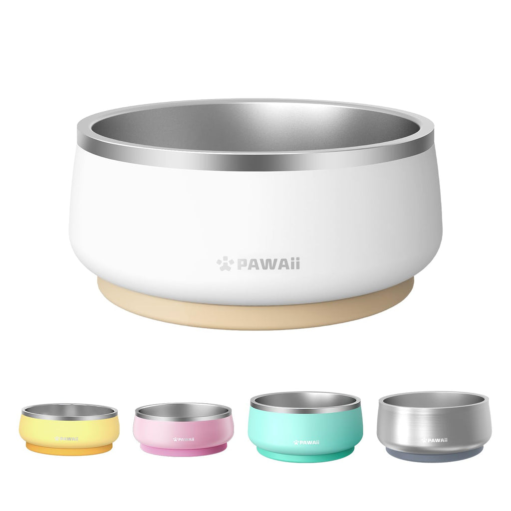 Pawaii Dog Bowl, Dog Food Water Bowl with Non-Slip Rubber Base, Metal Insulated Stainless Steel Dog Bowls, Double Wall Dog Bowl for Small Medium Large Dogs, Durable, Dishwasher Safe, 34oz Cream White