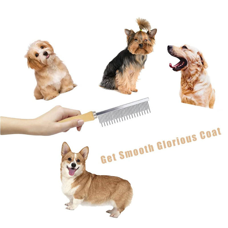 Dog Cat Grooming Comb with Wooden Handle Stainless Steel Teeth, Pet Grooming Supplies Accessories for Hairy Pets (Dual Teeth) Dual Teeth