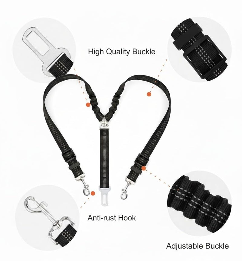Double Dog Seat Belt for Car - No Tangle Dual Dog Leash with Elastic Bungee, Adjustable Reflective Pet Safety Car Seatbelt Restraint Tether for Two Dogs - PawsPlanet Australia