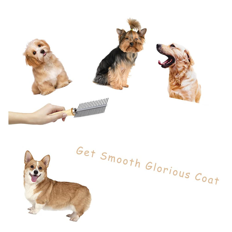 Dog Cat Pet Comb Double-Sided Grooming Brush Metal Comb for Loosening up Removing Mats Debris Tangles and Knots Wooden Handle Stainless Steel Tooth Perfect for Honghair Pets Double-Sided Teech