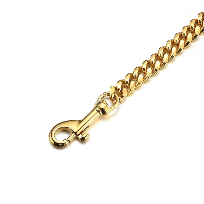 Gold Dog Chain Leash Stainless Steel Metal Chain Width 10mm /14mm Curb Cuban Link Walking Training Dog Leash 3FT 4FT 5FT with Genuine Leather Handle for Small, Medium Large Dogs(14mm,3FT) 14mm wide 3FT(36inch) - PawsPlanet Australia