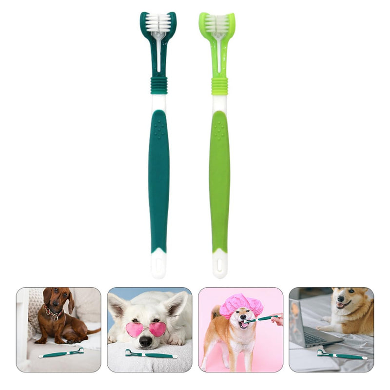 TEHAUX Toothbrush PP Material 2-Pack for Dogs and Cats with Triple Head for Teeth Cleaning Ergonomic Long Handle Effectively Removes Tartar