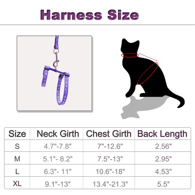 Cat Harness and Leash Set for Outdoor Walking Escape Proof Adjustable Soft Safety Strap with Golden Star and Moon Design Glow in The Dark Purple Medium