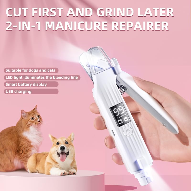 Dog & Cat Nail Clipper and Grinder 2 in 1,Rechargeable with Multiple Sanding Ports and Splash Guard. LED Light on Both Ends,Comes with a Screen to Display Power and Working Status - PawsPlanet Australia