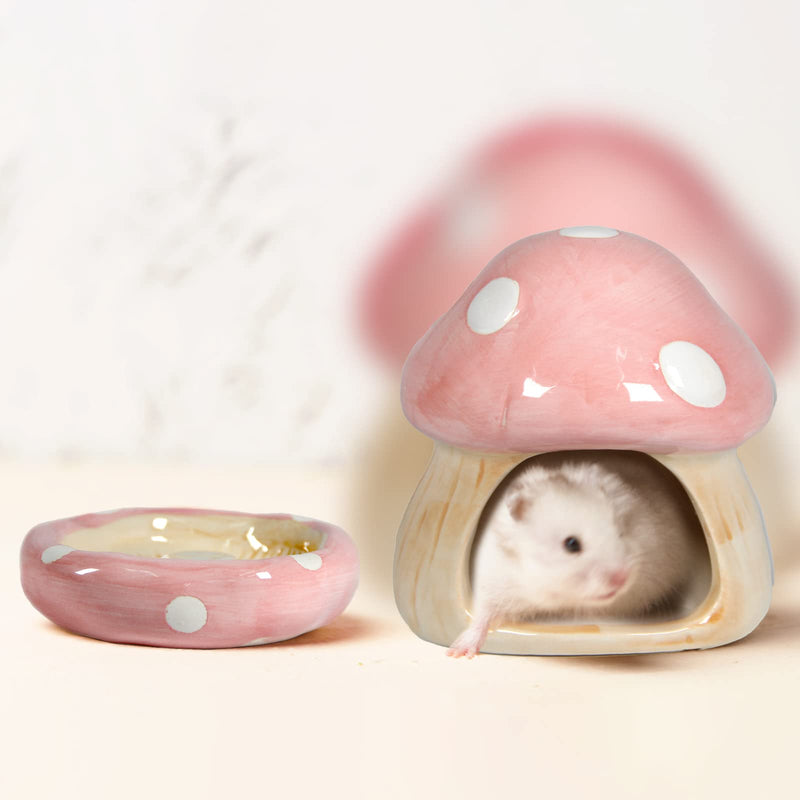 Ceramic Mushroom Habitats Hamster Hideout，Hamster House Hamster Hideaway House Habitats Food Feeding Bowl Gerbils Chinchillas Ferrets Hedgehog Small Animals(Pink Mushroom set) Pink Mushroom set - PawsPlanet Australia