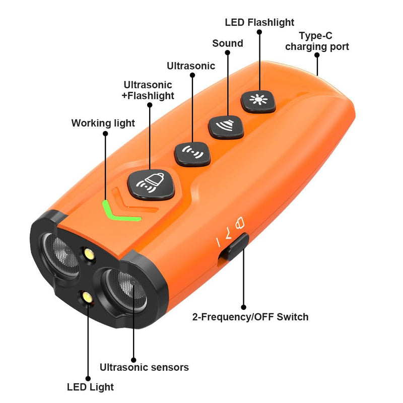 Dog Bark Deterrent Device with 3X Ultrasonic Barking Control and LED Light, Rechargeable Dog Training Tool for Indoor and Outdoor Use Behavior Correct Safe & Humane Orange