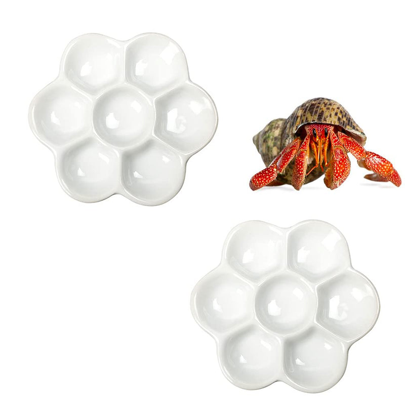 2 Pcs Hermit Crab Ceramic Food Dish, 7 Compartments Anti-turning Food & Water Bowl (White)