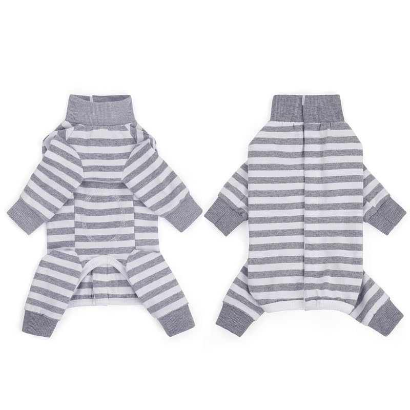 Dog Striped Recovery Suit, Puppy After Surgery Onesie for Female Male Dogs, Dogs Cats Long Sleeve Pajamas Bodysuit, Surgery Abdominal Wound Bandages Clothes, Dog Pant for Shedding Skin Disease Grey Large