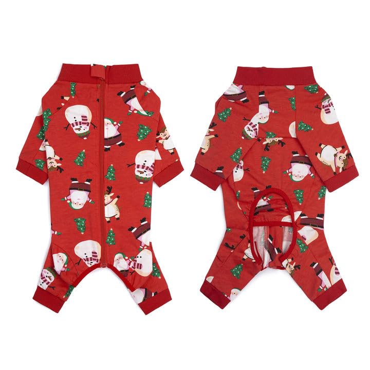 Recovery Suit for Dogs Full Zipper, Four-Legged Onesie Dog Recovery Suit After Surgery, Cute Soft Bodysuit Cone Alternative Male Female Dog Neuter Anti Licking Wounds, Snowman Medium Snowman Red