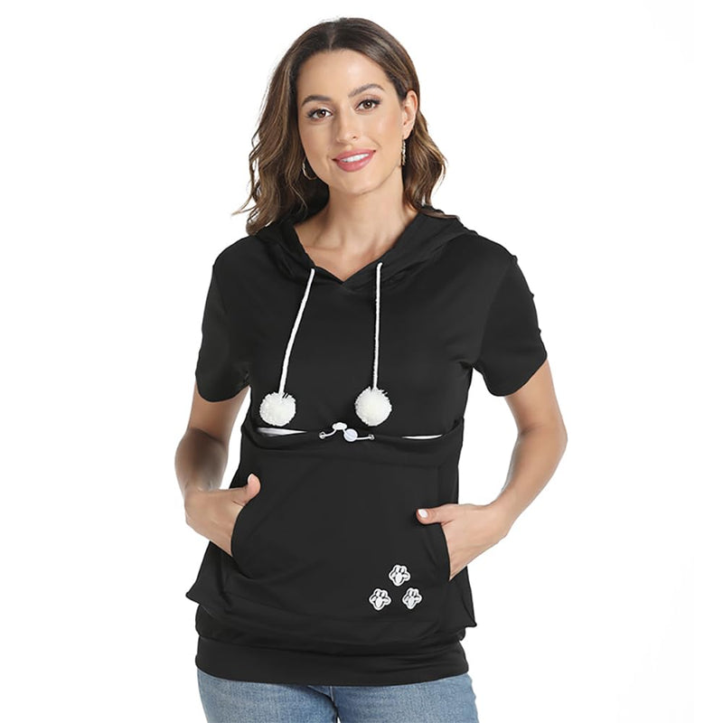 Women Big Pouch Shirt Pet Holder Pocket Top Short Sleeve Solid Color T-Shirt Large-X-Large Black - PawsPlanet Australia