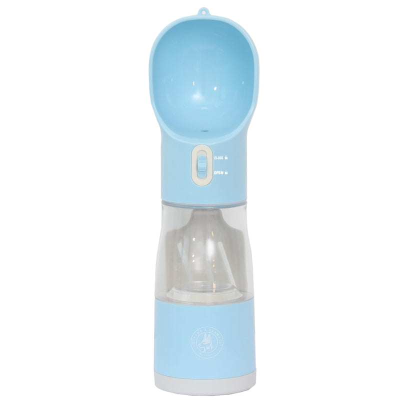 All-in-One Portable Dog Water Bottle, Food Dispenser, Poop Bag Dispenser, Dry/Wet Food Container 7 oz., Travel Water Bottle 9oz., 2 Poop Bags Included, Food Grade Plastic, Leak Proof-Blue Color - PawsPlanet Australia