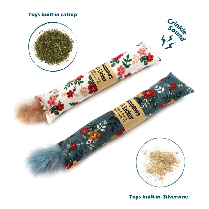 2 Pack Natural Interactive Catnip & Silvervine Cat Kicker with Feathers, Bite Resistant Chew Toy, Crinkle Kicker, Accessories for Indoor Cat, Premium Corduroy Floral - PawsPlanet Australia