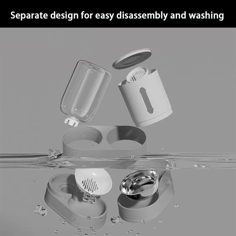 Automatic Cat Feeder and Water Dispenser - Gravity Cat Food Feeder and Waterer with Stainless Steel Bowl, 2 Pack Pet Self Feeding for Small Dog Puppy Kitten, 2.4L Dry Food and 2.6L Water Grey Split - PawsPlanet Australia