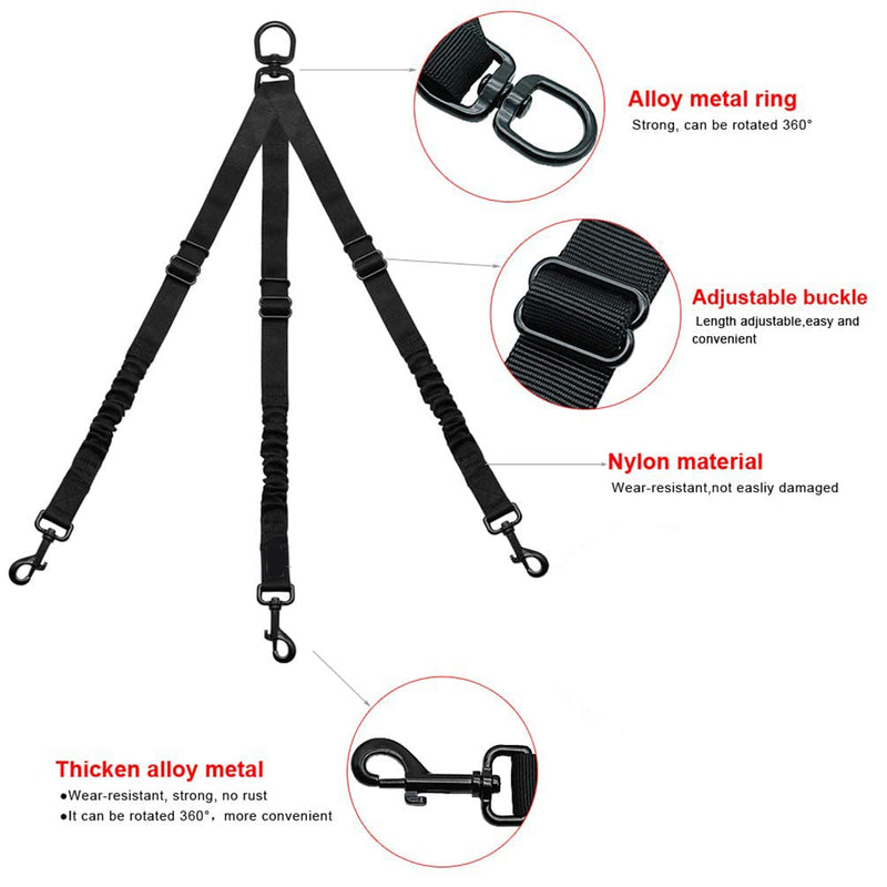Nylon Dog Leash Coupler 3 Way No-Pull Pet Dog Lead Leashes No Tangle Bungee Three Dogs Leads Black L - PawsPlanet Australia