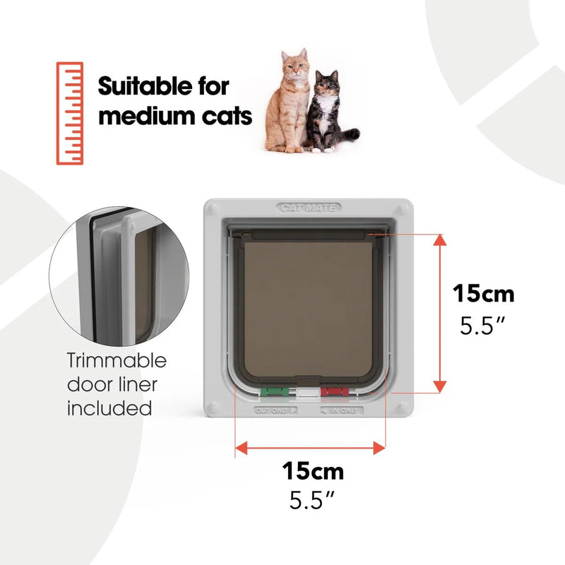 Cat Mate 4-Way-Locking Cat Flap with Door Liner to 2" (235) - Secure Lockable Door for Small to Medium Sized Cats, for UPVC, Wood and Wall, Grey Gray