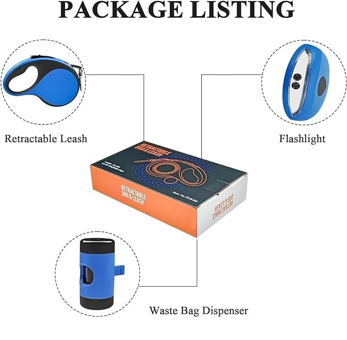Best Dog Supplies Retractable Dog Leash with Waste Bag Dispenser and Flashlight, 26ft Dog Leash for Small Medium and Large Dogs up to 110lbs, One Button Break & Lock Soft Anti Slip Grip - Blue - PawsPlanet Australia
