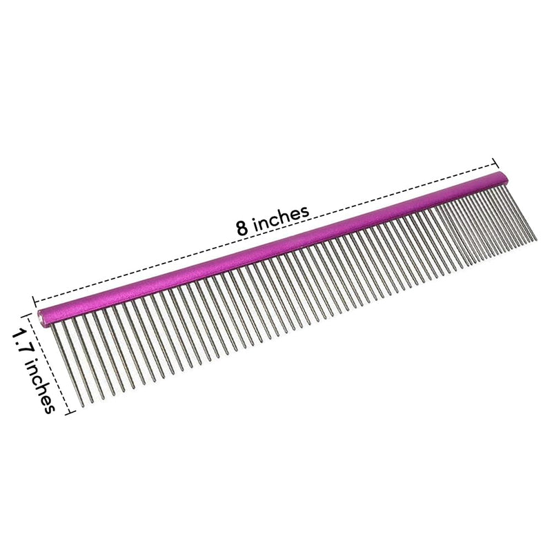 Pet Comb 8 inches Comfortable Grooming Comb with Different-Spaced Rounded Stainless Steel Teeth, Easy Grip and Convenient Grooming for Pets Dog Cat with Medium Coarse Fur - Purple 8" - PawsPlanet Australia