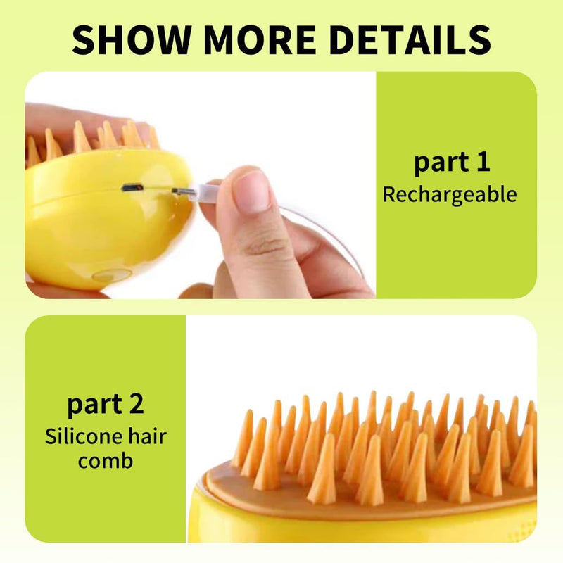 Steamy Mango 3-in-1 Steam Grooming Brush, Eliminates Flying & Tangled Hair, Water Spray for Cats & Dogs, Shedding & Massage Tool Yellow - PawsPlanet Australia