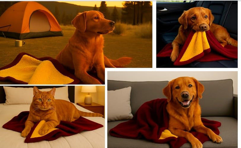 Waterproof Pet Blanket for Dogs and Cats - Reversible Leakproof Furniture Protector, Non-Slip Washable Throw for Sofa, Bed, Car Seat, Couch Cover - Red Wine Flannel & Gold Sherpa Size L (40” x 60”) Red Wine and Gold - PawsPlanet Australia