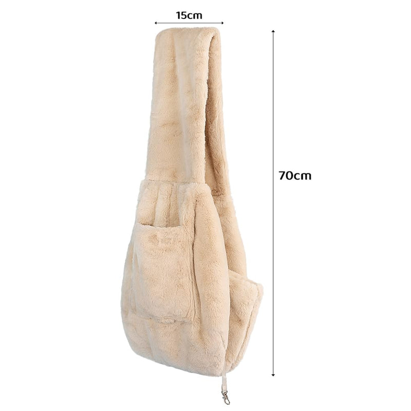 Warm Plush Small Dog Sling Cat Carrier Hand-Free Pet Sling Pet Puppy Travel Bag Cat Carrier Shoulder Bag Outdoor Travel Puppy Bags for Daily Walk Travel Outdoor Beige