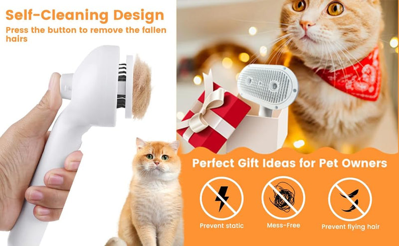 Cat Steam Brush, 2 Spray Nozzles for Shedding & Grooming, Self-Cleaning Cat Brushes for Indoor Cats & Dogs, Pet Hair Removal Tool with Release Button, Perfect for Long & Short Haired Pets (White) White - PawsPlanet Australia