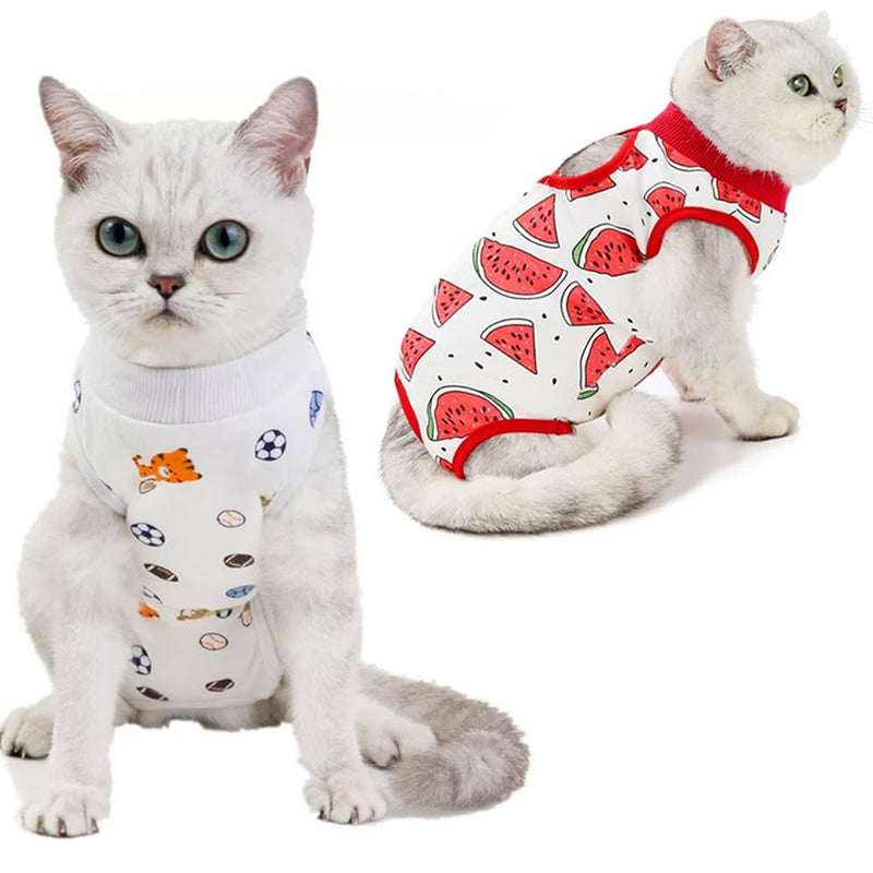 2-Pack Pet Post-Surgery Recovery Suit for Cats Dogs, Abdominal Wound Protector Anti-Licking, Soft Breathable Onesie with Adjustable Fit, Small Pets Universal Tee(Medium, Watermelon,Football) Medium