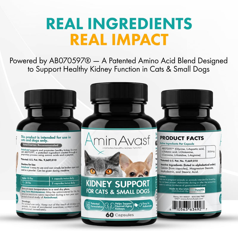 AminAvast Kidney Support Supplement for Cats and Dogs, 300mg - Promotes Natural Kidney Function - Aids in Health and Vitality of Aging Kidneys - Easily Administered - 60 Sprinkle Capsules - PawsPlanet Australia