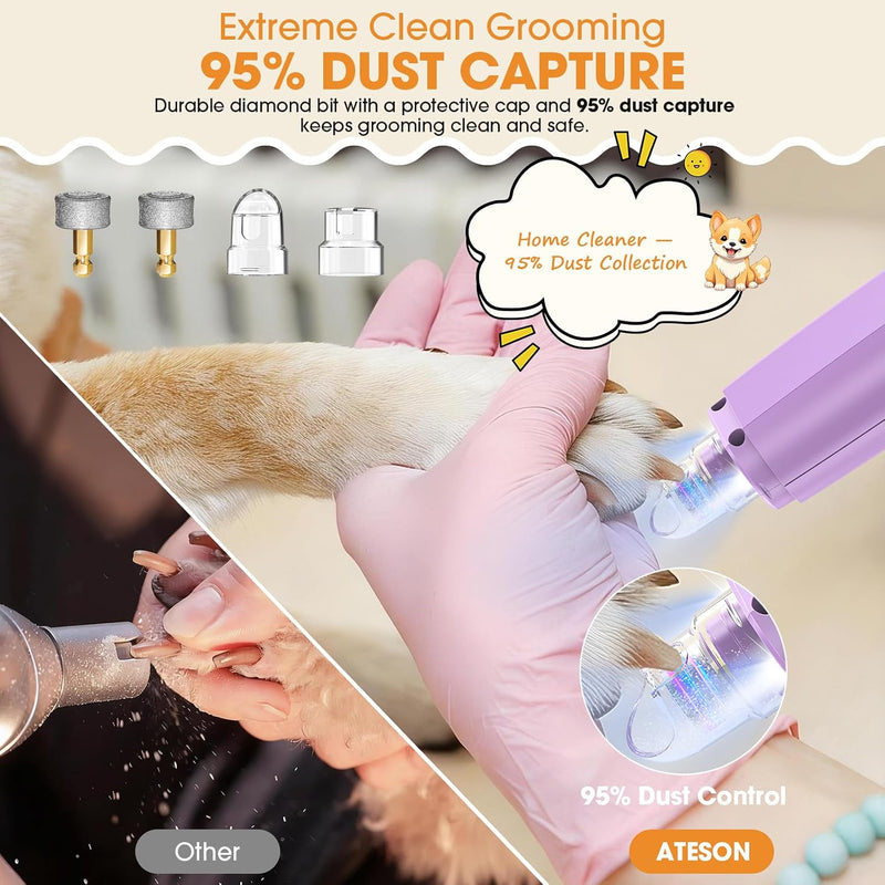 Dog Nail Grinder & Clipper 2-in-1 Set - 25dB Ultra Quiet with 3 Grinding Wheels & 2 LED Lights, Rechargeable for Large/Puppy Dogs & Cats, 3-Speed Adjustable for Anxious Pets Purple