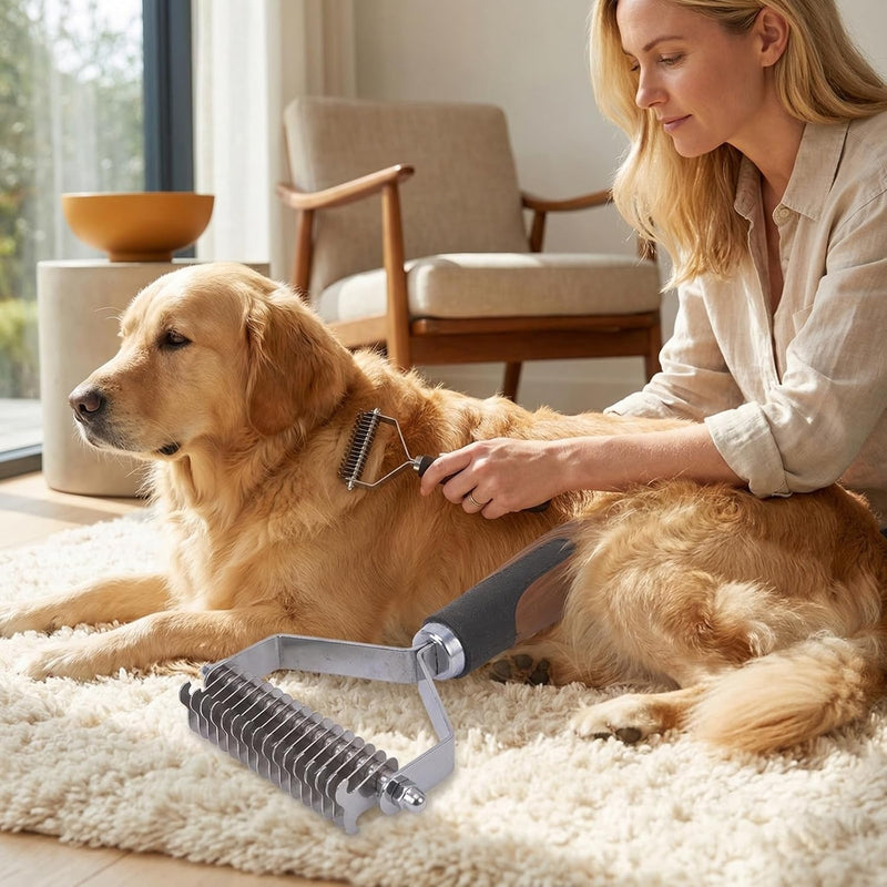 Pro Large 2-Sided Undercoat Rake, Deshedding Dematting Comb, Detangler Brush for Mats, Tangles & Shedding, Stainless Steel Blades, ABS Handle, Ideal for Long Haired Cats, Dogs and Rabbits - PawsPlanet Australia
