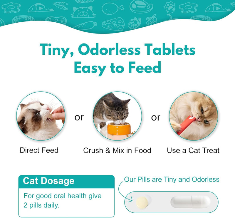 Cat Dental Care – Relieves Gingivitis – Inhibits Plaque & Tartar Buildup, Protects Gum Health and Relieves Bad Breath and Bleeding Gums, Natural Plant Extracts, 120 Easy-To-Swallow Tablets - PawsPlanet Australia