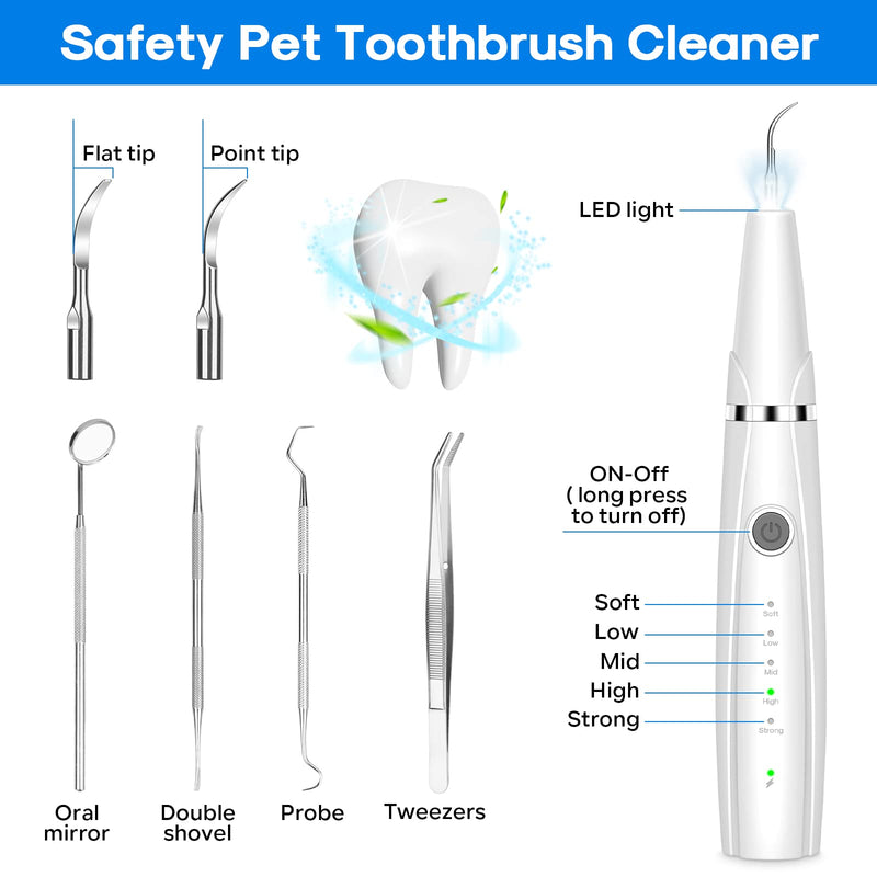 Dog Teeth Cleaning Kit for Pet Teeth Cleaning, Dog Plaque Remover for Teeth, 5 Modes Dog Tartar Remover for Teeth Care to Remove Stains Calculus, 10 in 1 Pet Cleaner Toothbrush (White) White - PawsPlanet Australia