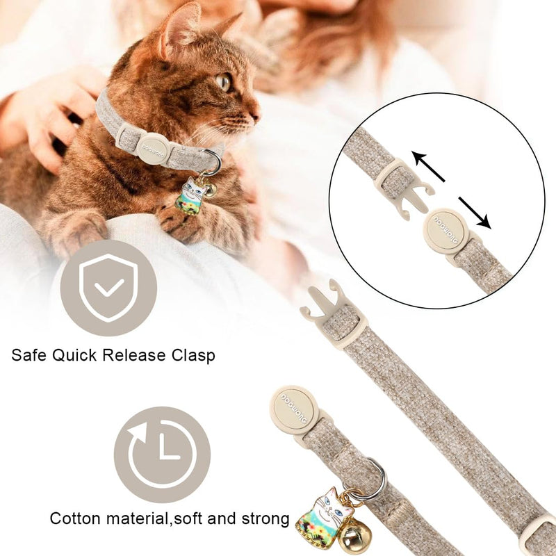 Cat Collar,2 Pack White Hemp Cat Collars Breakaway with Bell, DOGWONG Safety Buckle Wedding Cat Collar for Girl Boy Cats and Small Dogs，Adjustable 7-12 Inch,Pet Supplies Accessories Khaki