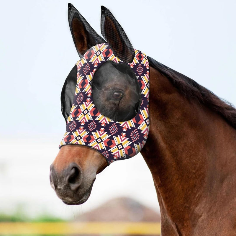 Horse Fly Mask with Ears, Breathable Soft Mesh, UV Protection, Comfortable Large Eye Space, Durable Secure Fit, Stylish Pattern Design-S Tribal Print S