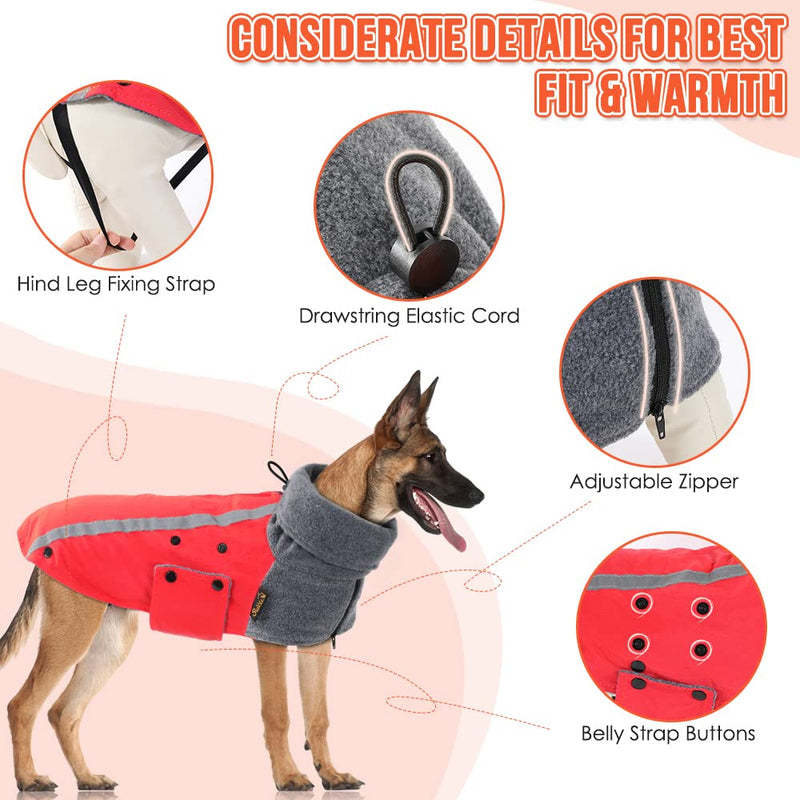 SlowTon Winter Dog Coat, Warm Polar Fleece Lining Doggie Outdoor Jacket with Turtleneck Scarf Reflective Stripe Adjustable Waterproof Windproof Puppy Vest Soft Pet Outfits (XL,Red) X-Large (Pack of 1) B.Red