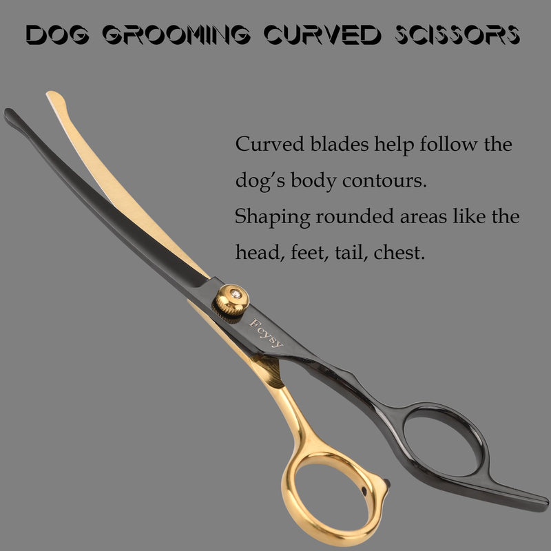 Dog Grooming Scissors Kit, Fcysy Professional Pet Shears for Cats at Home, Dog Grooming Tools with Curved & Straight Blades Scissors Thinning Shears Pet Supply Set Gold 7 Pcs - PawsPlanet Australia