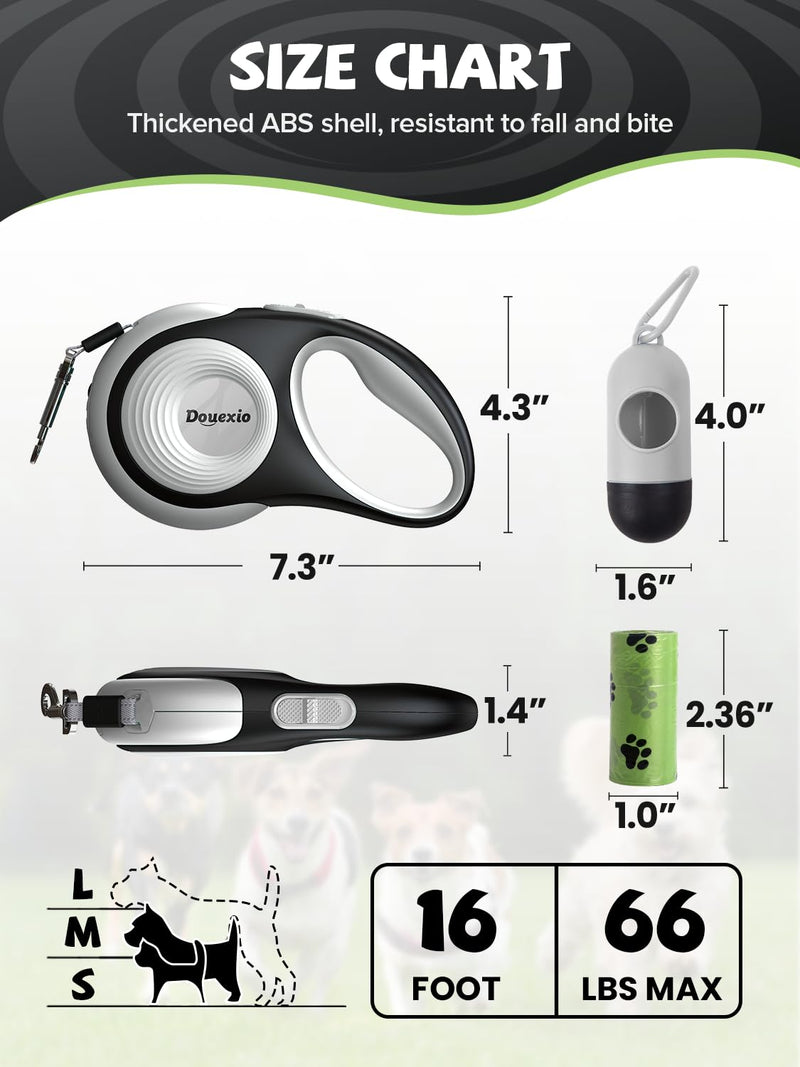 Retractable Dog Leash with LED Flashlight, Douexio Upgrade 3 in 1 Dog Leash Retractable for Small Medium Dogs Up to 66 lbs, 16ft, Anti-Slip Handle,One-Handed Brake (White) White - PawsPlanet Australia