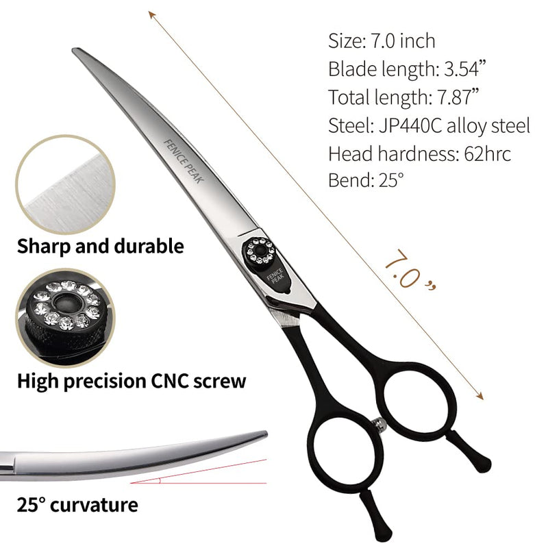 FENICE PEAK Dog Grooming Curved Scissors for Pets, Japan 440C Stainless Steel, Sharp Blade, Suitable for Beauticians (7.0 Inch) Curved Shear 7.0'' - PawsPlanet Australia