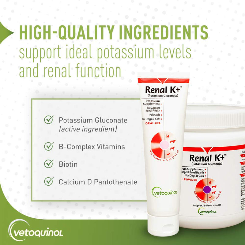 Vetoquinol Renal K+ (Potassium Gluconate) Potassium Supplement Powder for Dogs and Cats, 3.5oz - PawsPlanet Australia