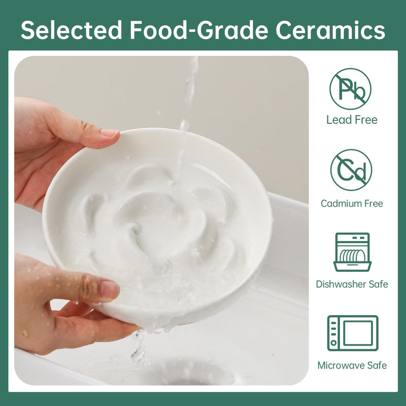 Ceramic Cat Slow Feeder Bowl - Pastel Series Slow Feeding Cat Bowls - Cute Maze Cat Food Plate for Healthy Eating - Fun Cat Puzzle Feeder Dish - Dishwasher Safe - 6.3''W x 1.2''H - 7 OZ - Ivory White - PawsPlanet Australia